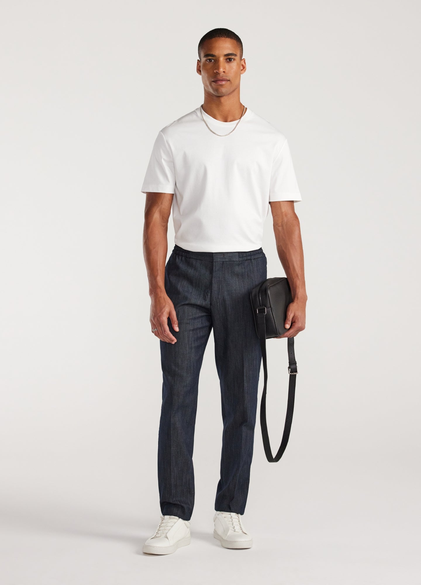 Denim Elastic Waist Pants Navy
