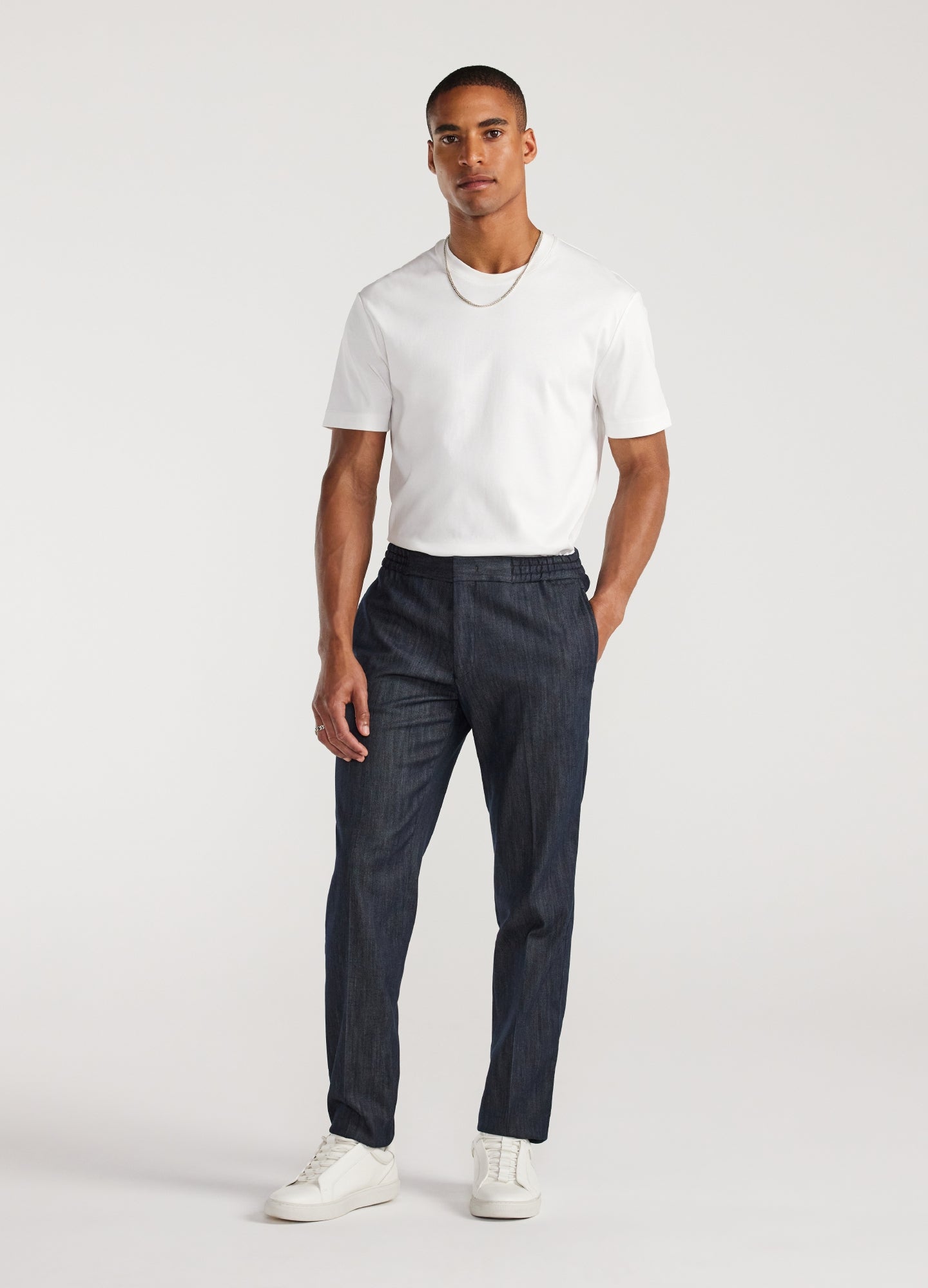 Denim Elastic Waist Pants Navy