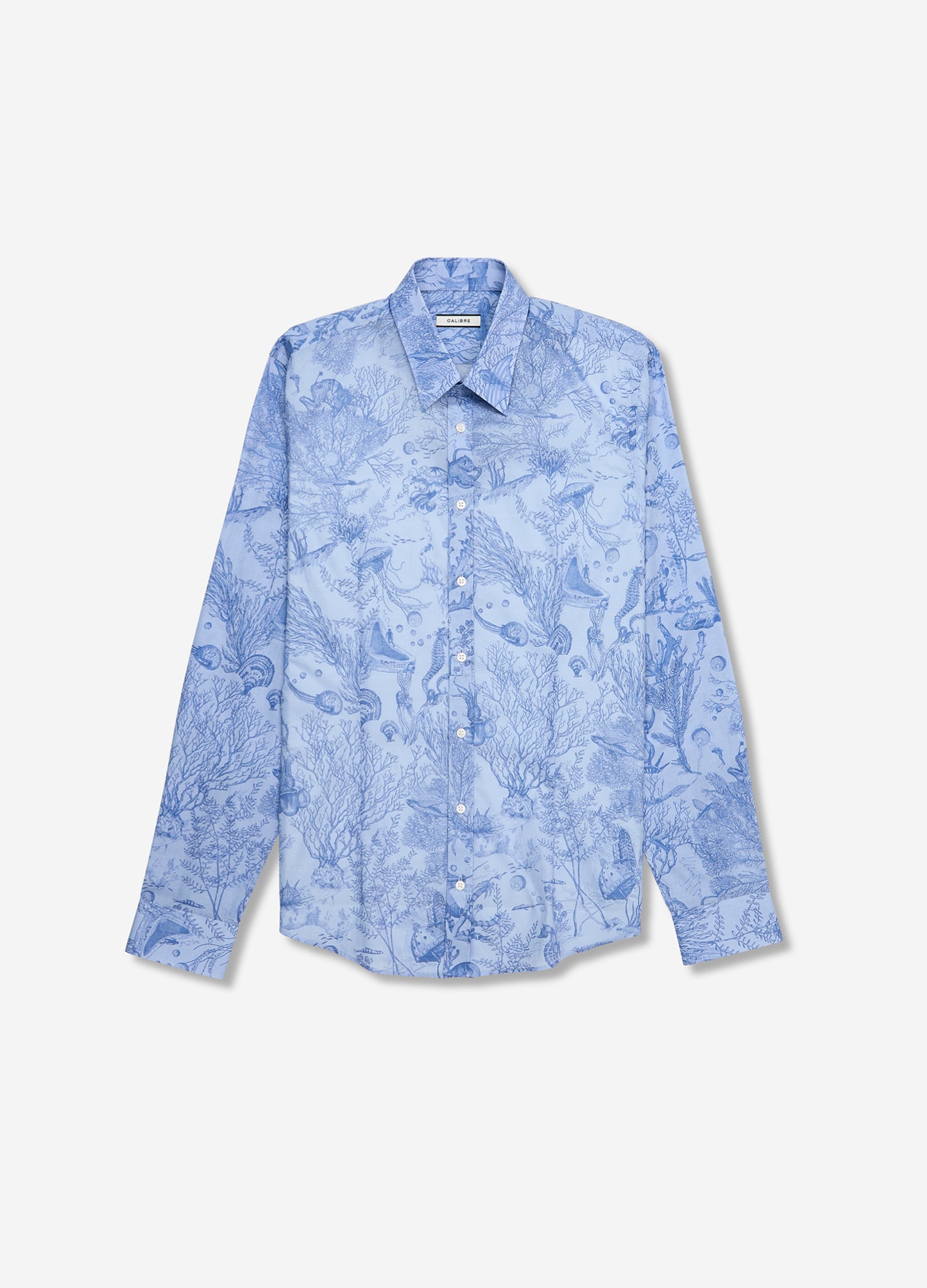 Tailored Fit Aquatic Print Voile Shirt Blue