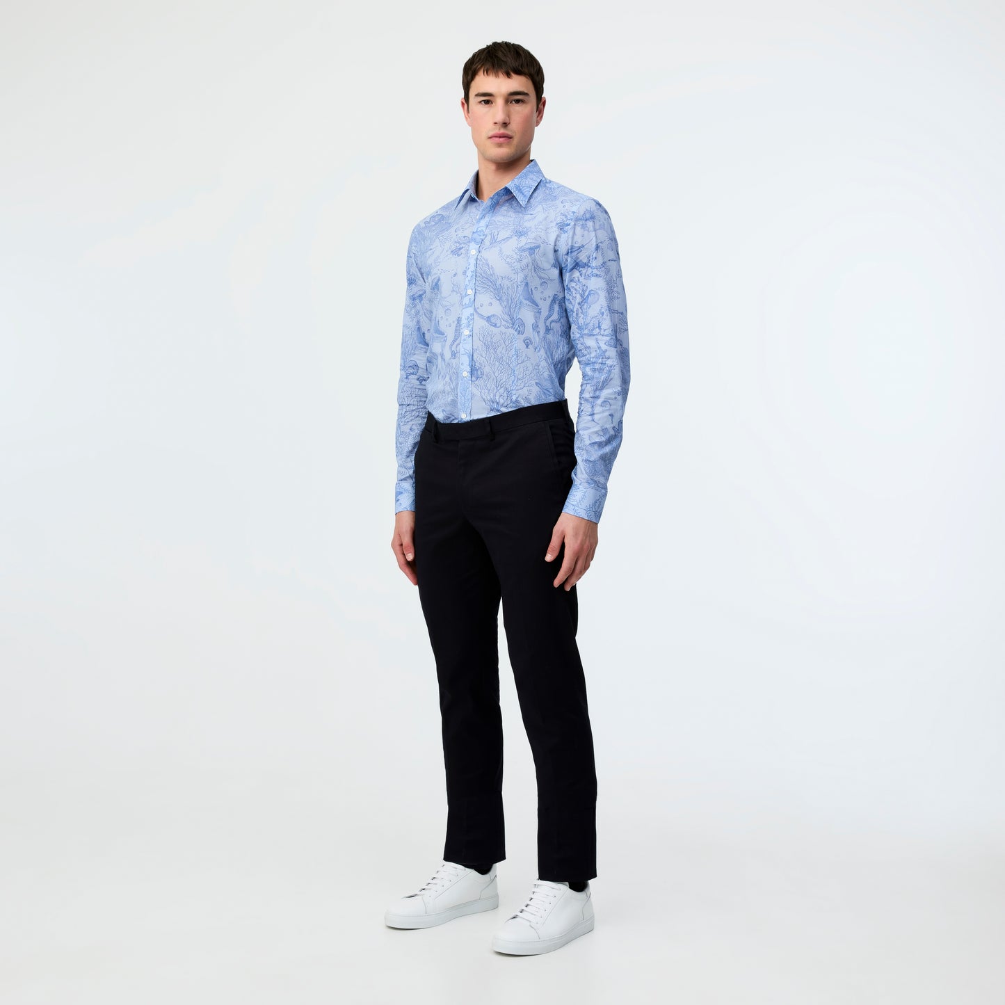 Tailored Fit Aquatic Print Voile Shirt Blue