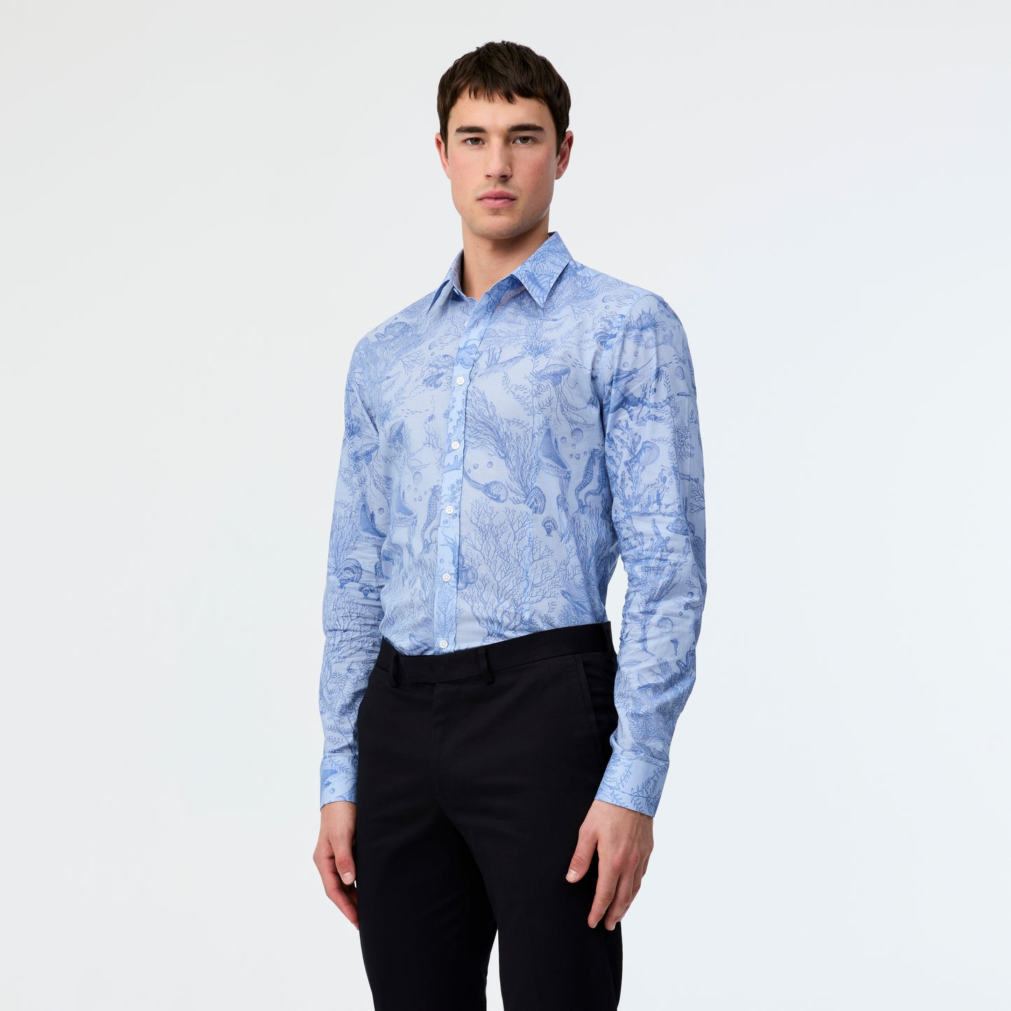 Tailored Fit Aquatic Print Voile Shirt Blue