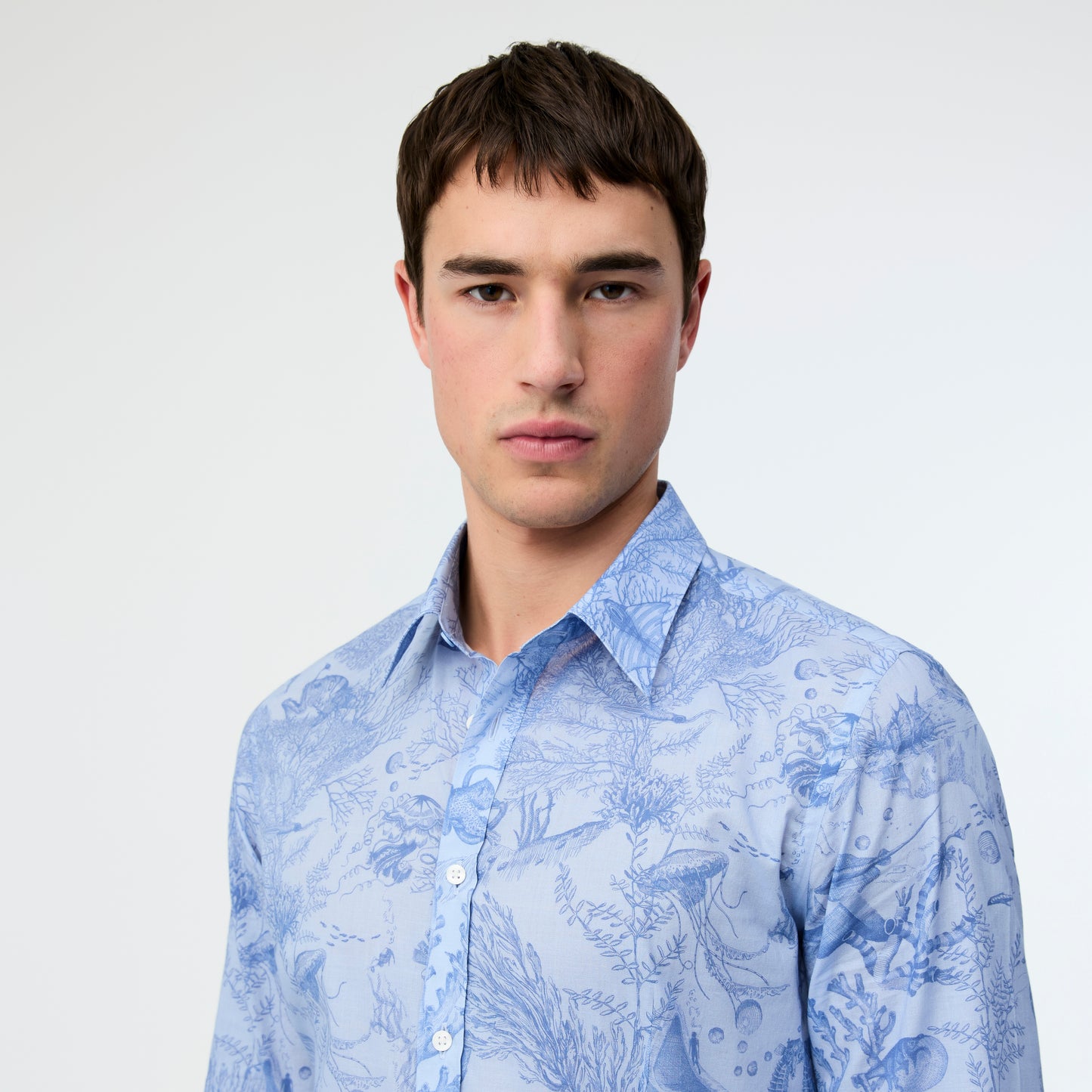 Tailored Fit Aquatic Print Voile Shirt Blue