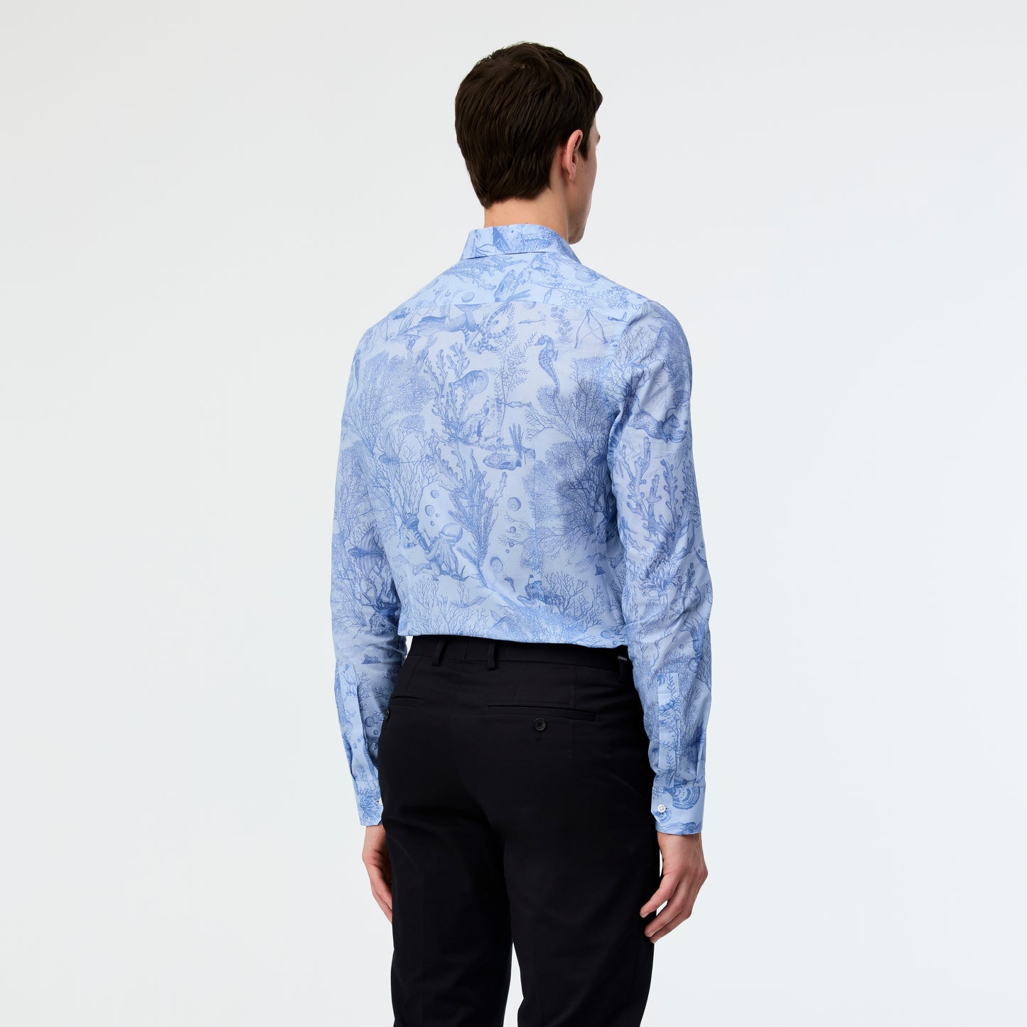 Tailored Fit Aquatic Print Voile Shirt Blue
