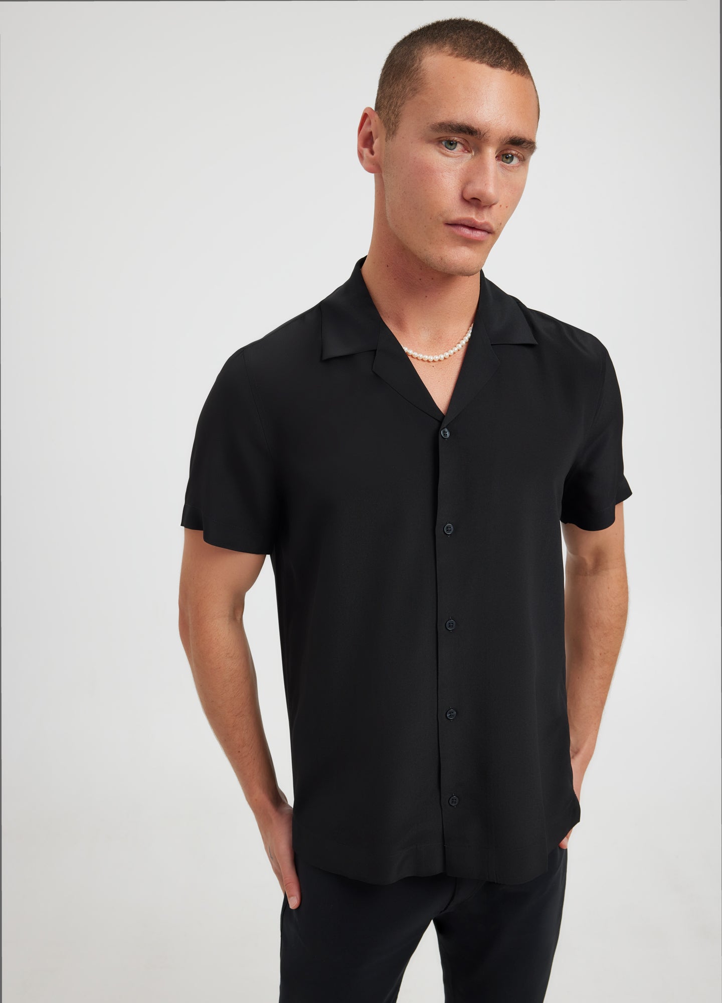 Camp Collar Silk Short Sleeve Shirt Black