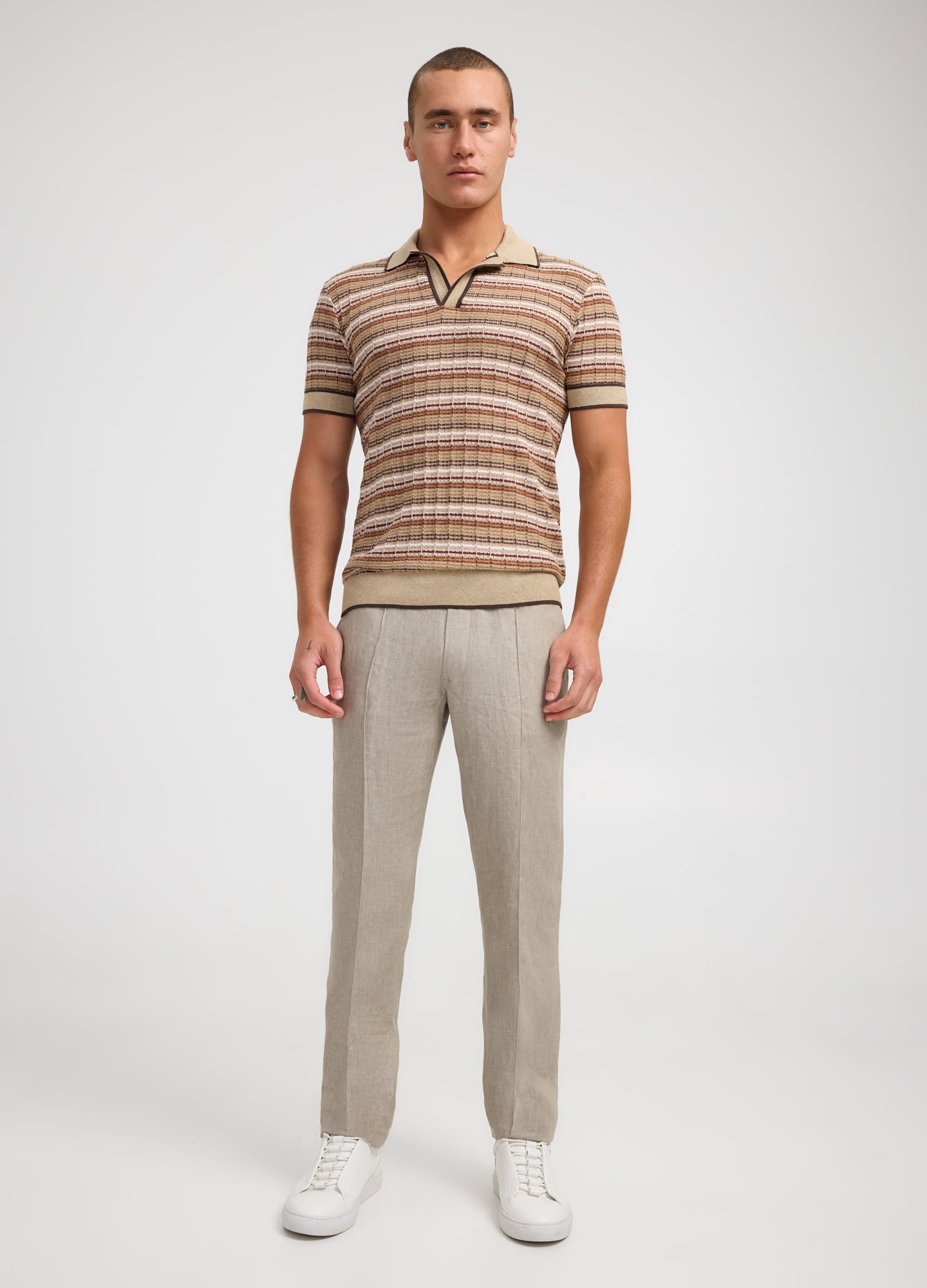 Jacquard Stripe Knit Polo Camel