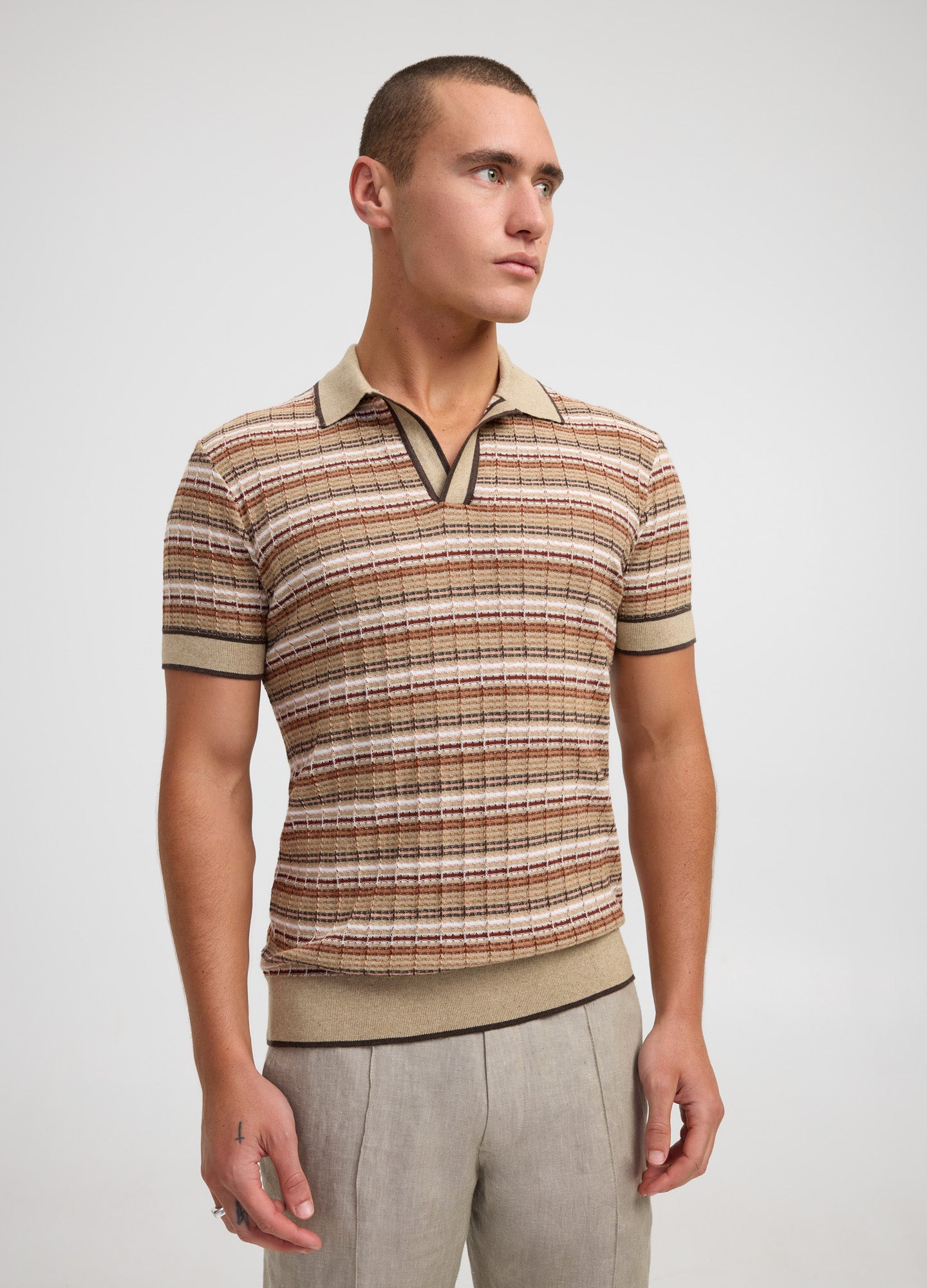 Jacquard Stripe Knit Polo Camel