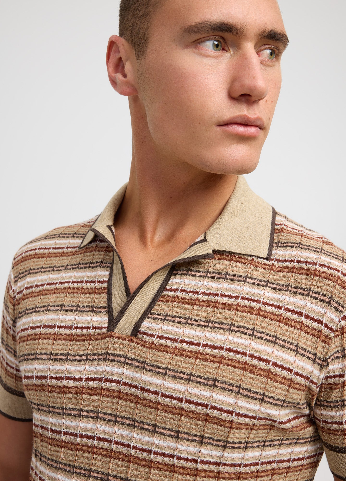 Jacquard Stripe Knit Polo Camel