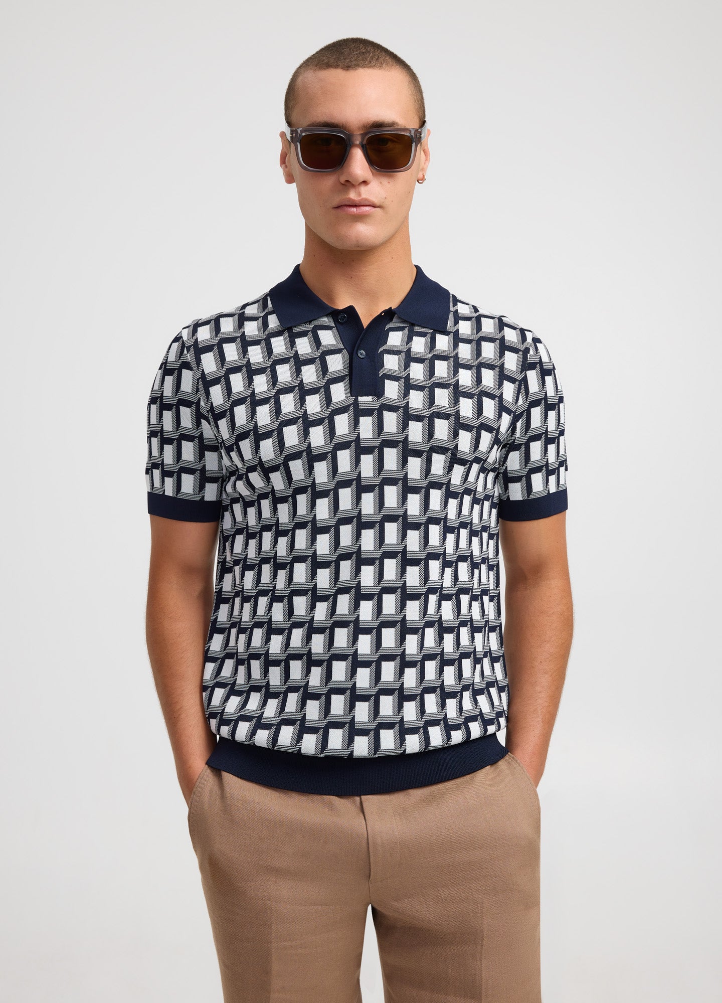 Geo Grid Jacquard Knit Polo Navy