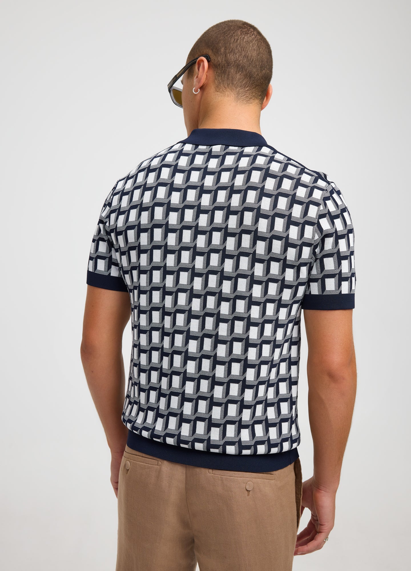 Geo Grid Jacquard Knit Polo Navy