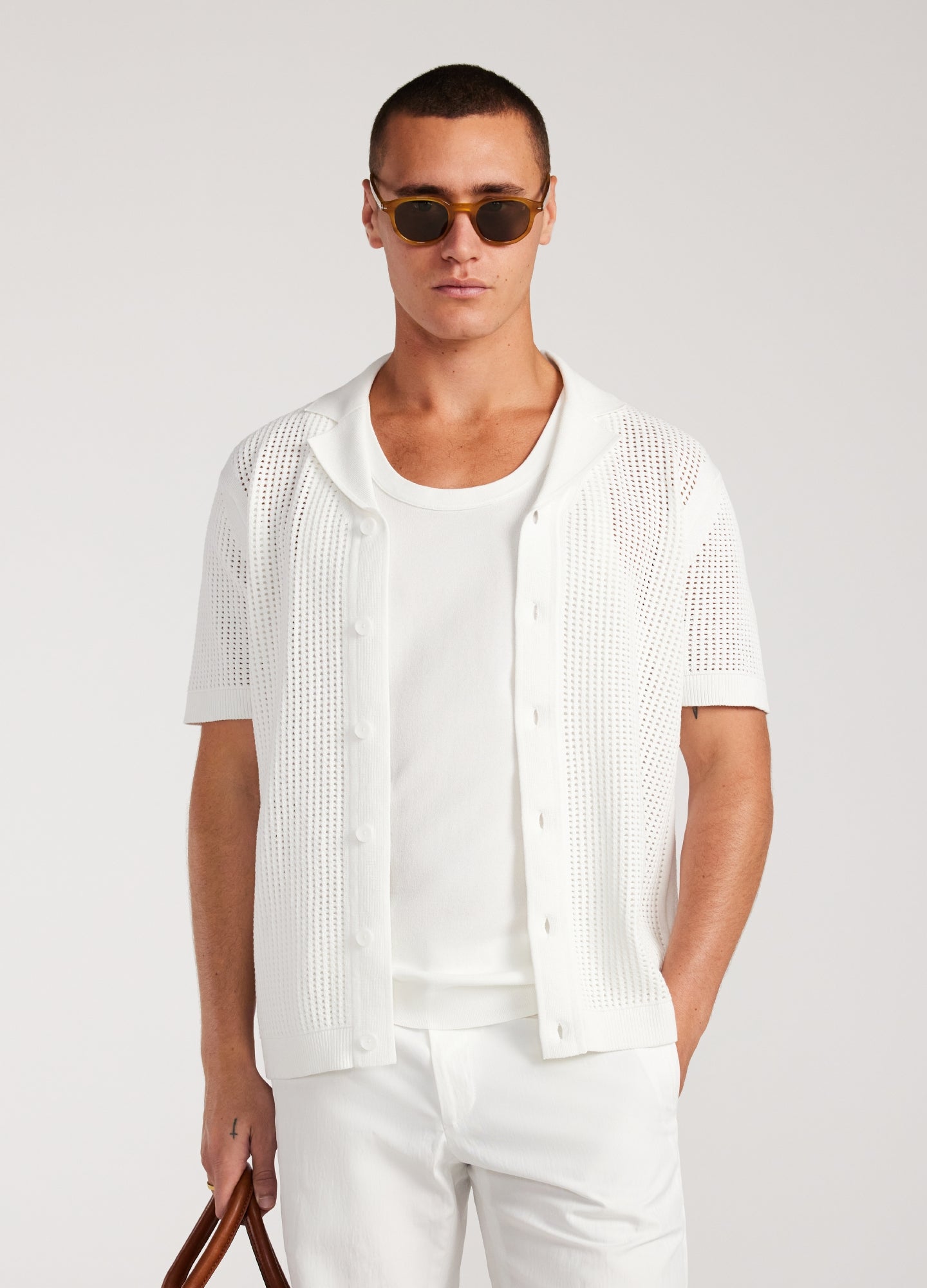 Eyelet Mesh Knit Shirt White