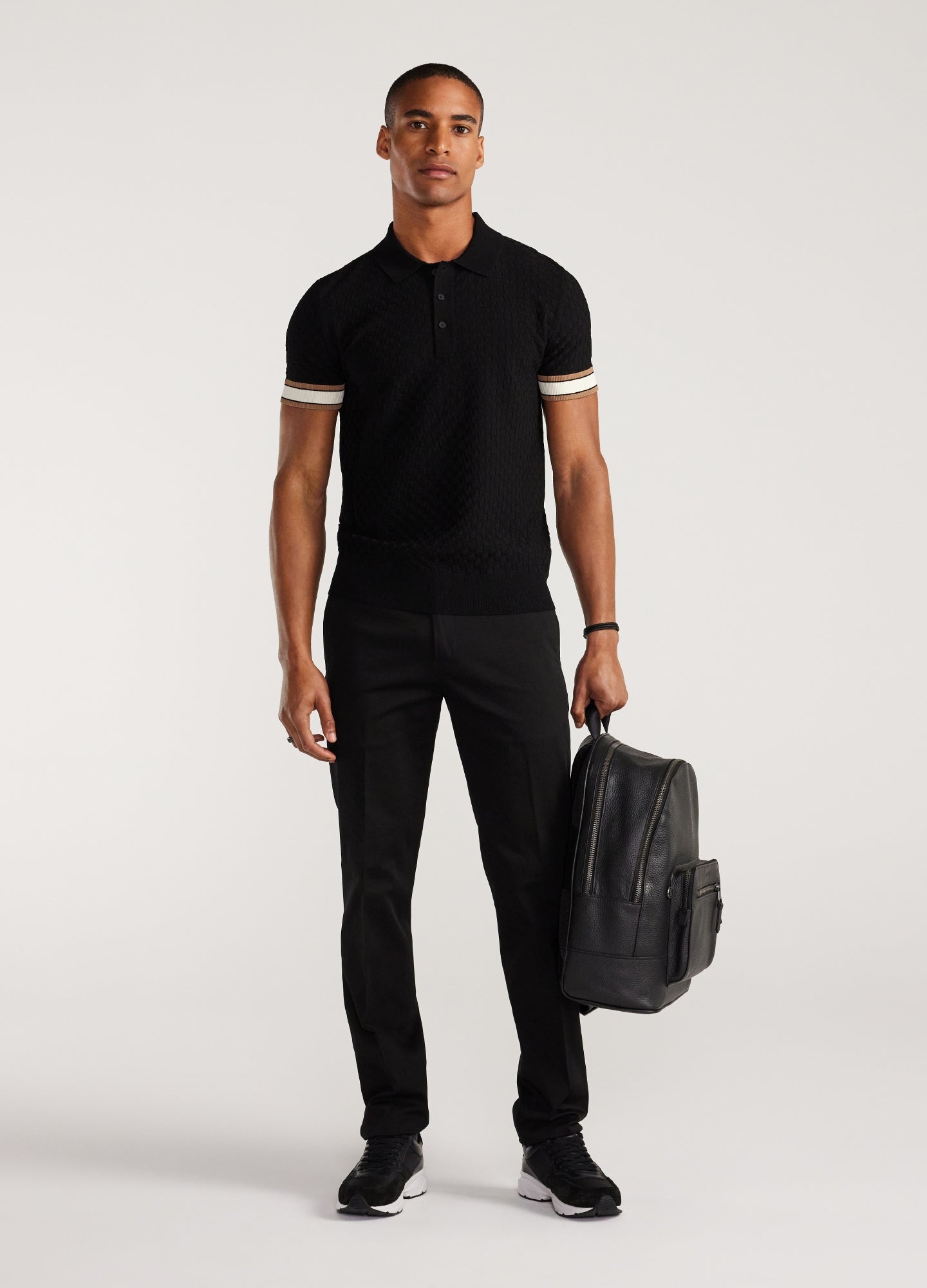 Striped Cuff Texture Knit Polo Black