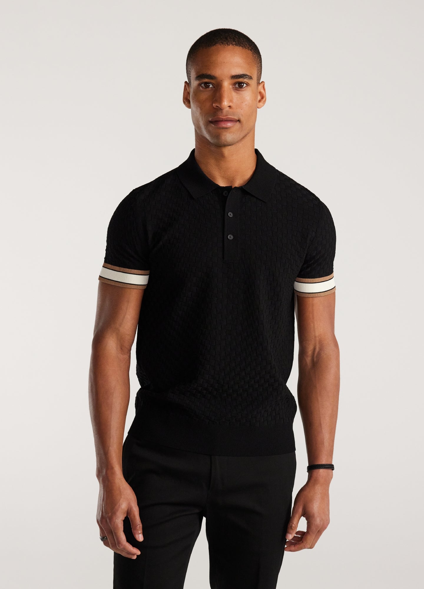 Striped Cuff Texture Knit Polo Black