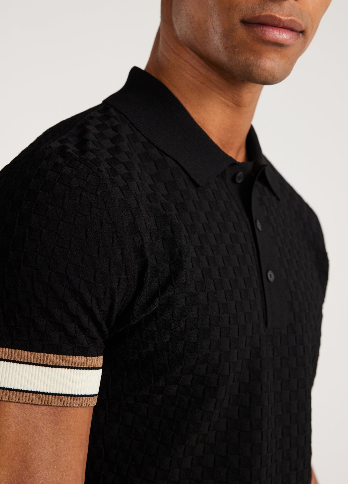 Striped Cuff Texture Knit Polo Black