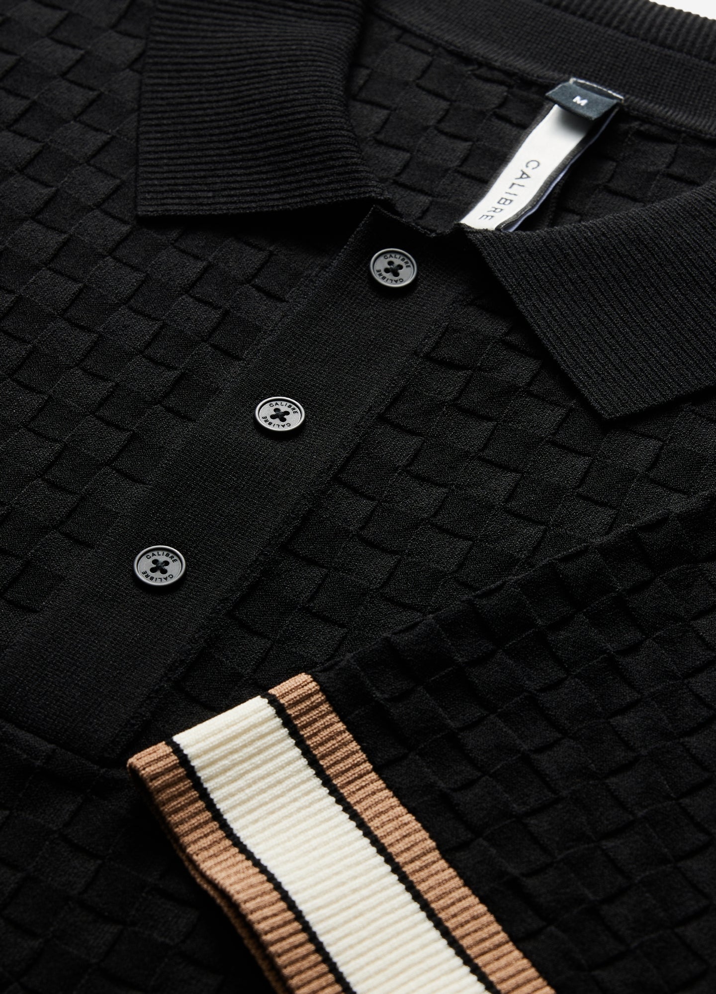 Striped Cuff Texture Knit Polo Black