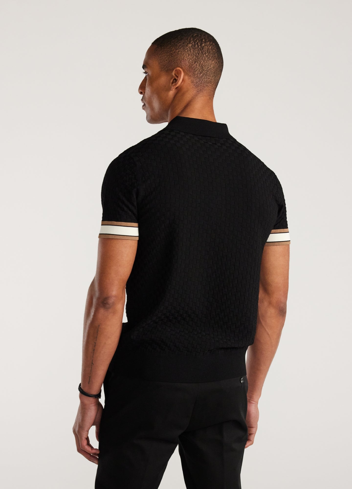 Striped Cuff Texture Knit Polo Black