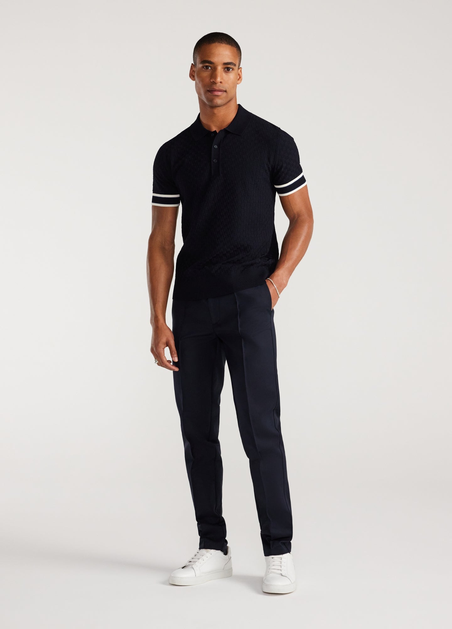 Striped Cuff Texture Knit Polo Navy