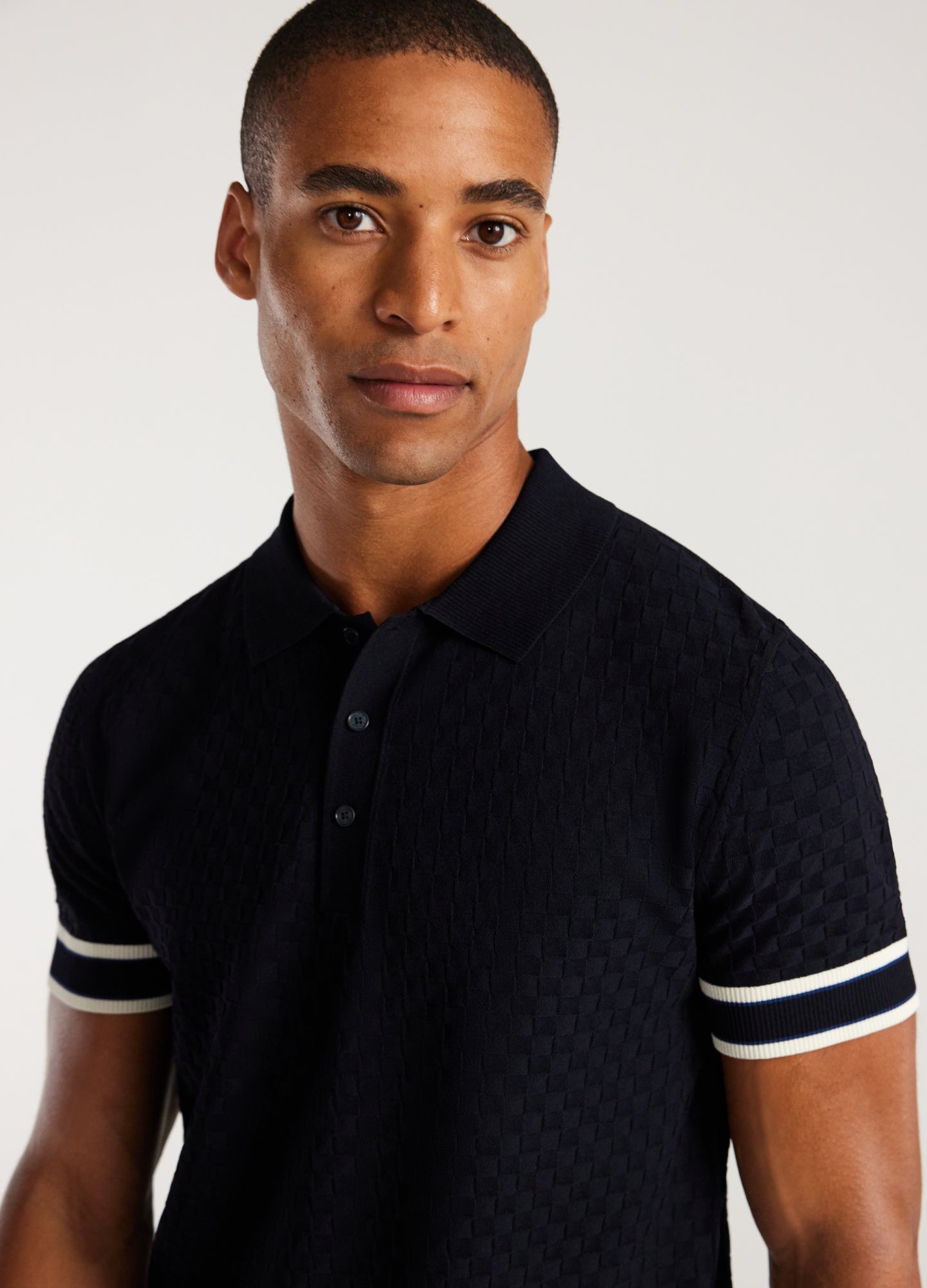 Striped Cuff Texture Knit Polo Navy