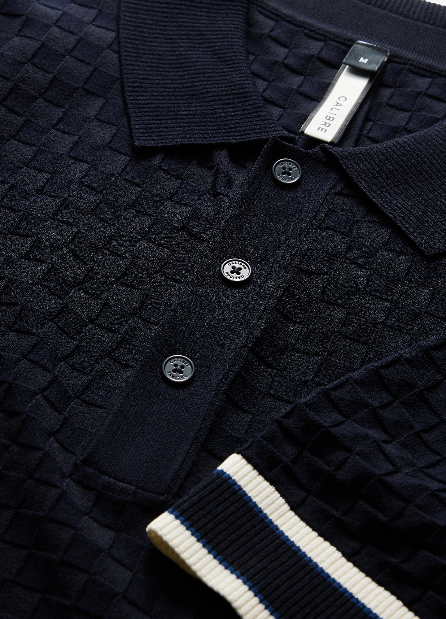 Striped Cuff Texture Knit Polo Navy